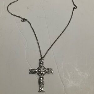 Silver Cross Pendant Necklace with Crystal Accents - Women Jewelry